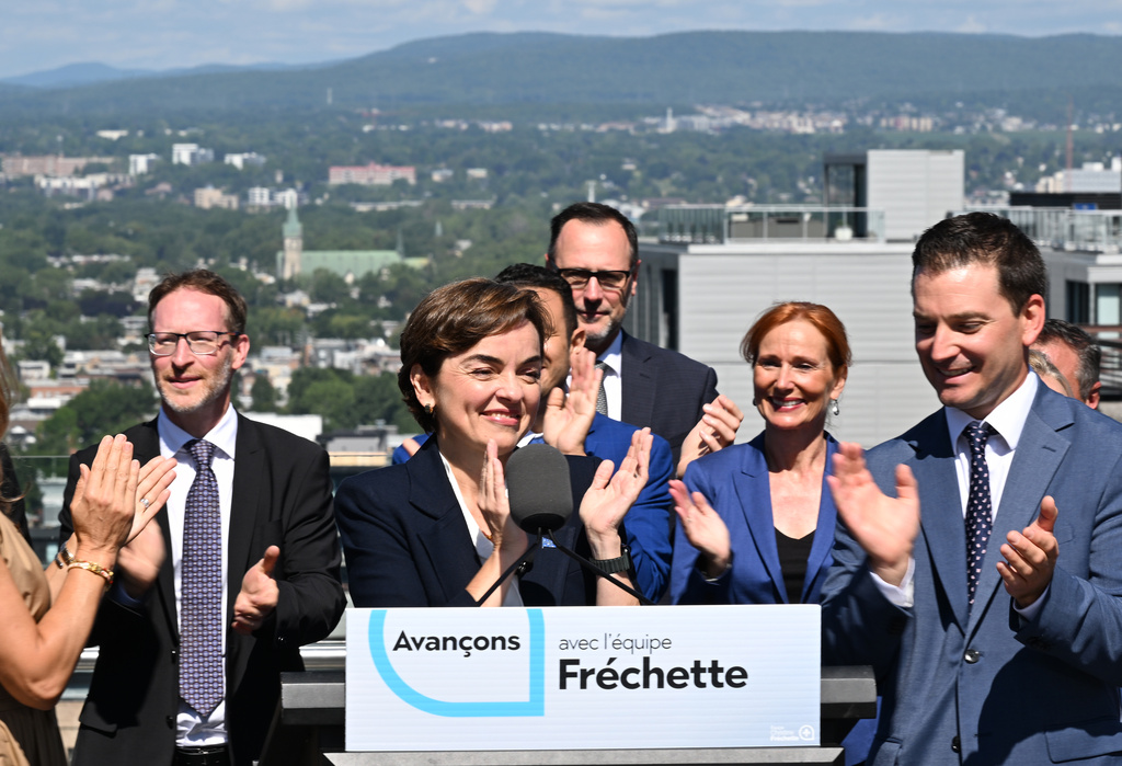 Coalition Avenir Quebec Leader Christine Frechette holds a news conference after calling a general election in Quebec City, on Thursday, Aug. 27, 2026. (Jacques Boissinot/The Canadian Press via AP)