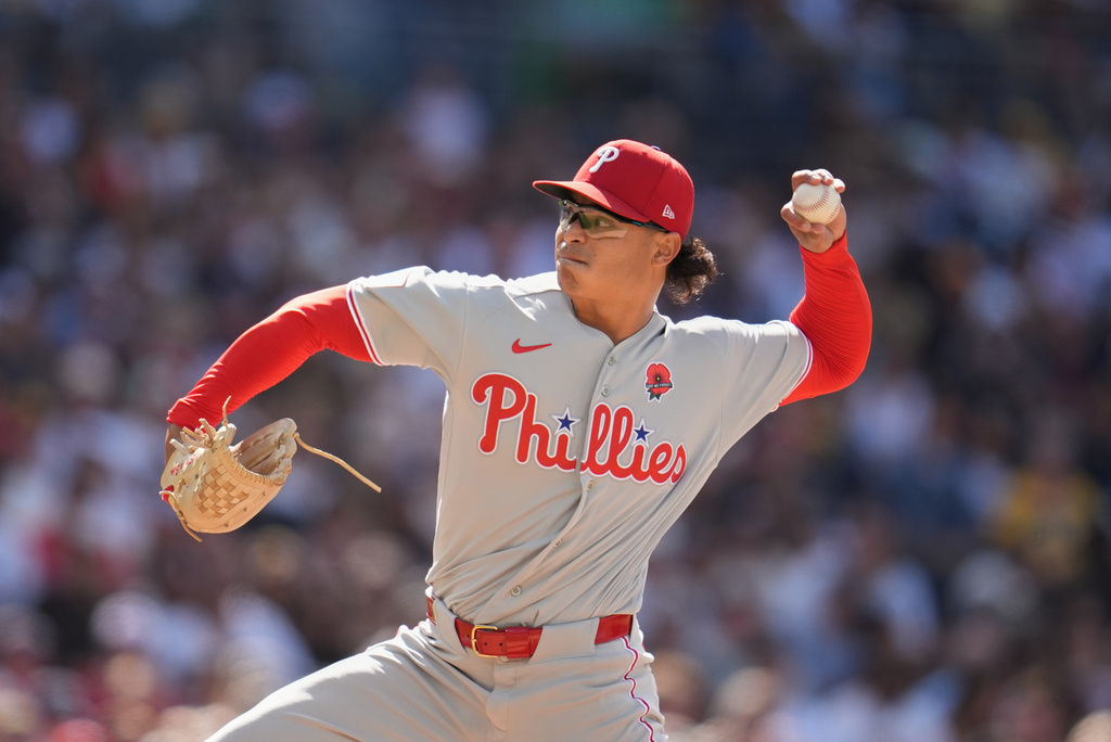 Philadelphia Phillies starting pitcher Jesús Luzardo works against a San Diego Padres batter during the second inning of a baseball game Monday, May 25, 2026, in San Diego. (AP Photo/Gregory Bull)