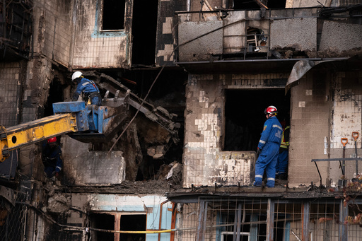Firefighters work at a destroyed apartment building after a Russian drone attack in Kyiv, Ukraine, Sunday, Oct. 26, 2025. (AP Photo/Dan Bashakov) Firefighters work at a destroyed apartment building after a Russian drone attack in Kyiv, Ukraine, Sunday, Oct. 26, 2025. (AP Photo/Dan Bashakov)