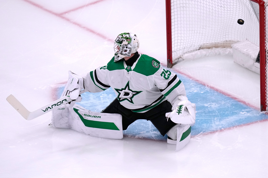 Dallas Stars goaltender Jake Oettinger (29) looks back at the puck on a goal by Boston Bruins center Elias Lindholm during the third period of an NHL hockey game, Tuesday, March 31, 2026, in Boston. (AP Photo/Charles Krupa)
