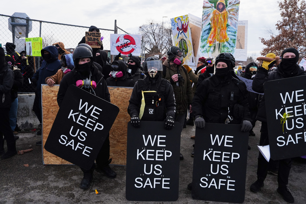 Counterprotesters demonstrate against Jake Lang on Saturday, Feb. 7, 2026, in Minneapolis. (AP Photo/Ryan Murphy)