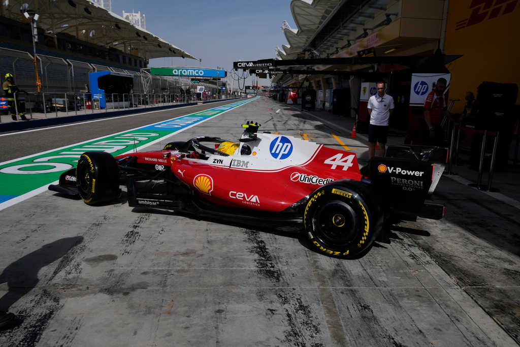 Ferrari driver Lewis Hamilton of Britain steers his car during a Formula One pre-season test at the Bahrain International Circuit in Sakhir, Bahrain, Wednesday, Feb. 11, 2026. (AP Photo/Altaf Qadri)