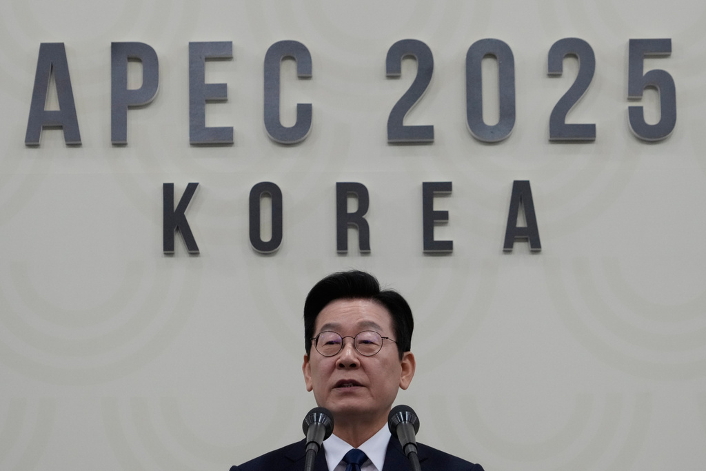 South Korean President Lee Jae Myung speaks during a press conference for the South Korea Asia-Pacific Economic Cooperation (APEC) Summit in Gyeongju, South Korea, Saturday, Nov. 1, 2025. (AP Photo/Ahn Young-joon)