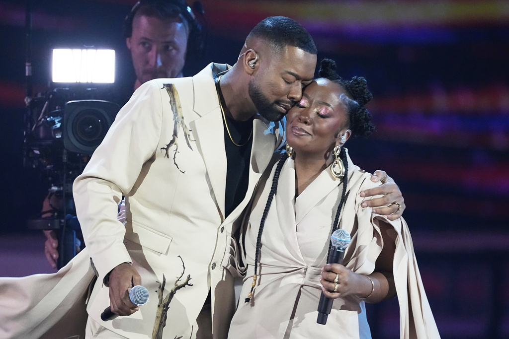 Madagascar's Denise & D-Lain performs the song "Tiako Hanjeky" at the International Music Competition "Intervision" at the Live Arena outside Moscow, Russia, Saturday, Sept. 20, 2025. (AP Photo/Alexander Zemlianichenko)