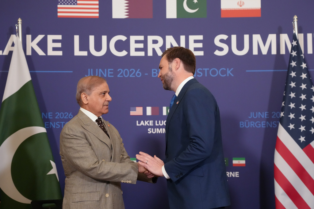 U.S. Vice President JD Vance, right, meets with Pakistan's Prime Minister Shehbaz Sharif, during high-level talks aimed at advancing a deal to end the Middle East conflict, at the Bürgenstock Resort in Obbuergen, near Lucerne, in Switzerland, Sunday, June 21, 2026. (Nathan Howard/Pool Photo via AP)