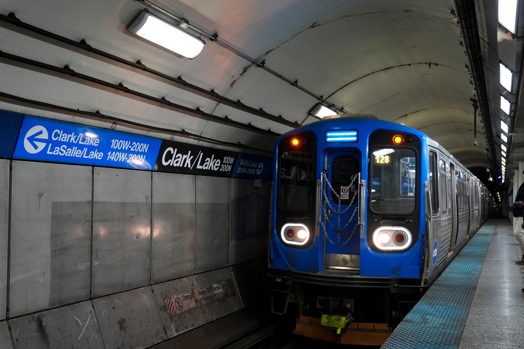 FILE - A train pulls into the Clark Street and Lake Street Blue Line on Tuesday, Nov. 18, 2025, in Chicago. (AP Photo/Erin Hooley,File)