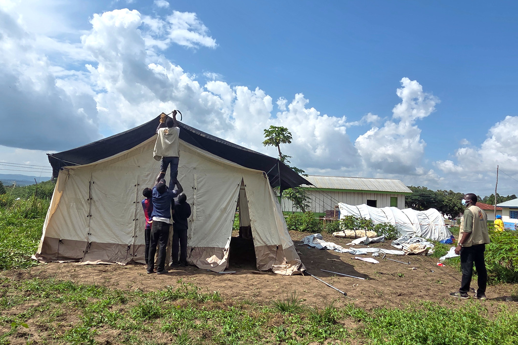 Aid workers set up an Ebola treatment center in Bunia, Congo, Tuesday, May 19, 2026. (AP Photo/Dirole Lotsima Dieudonne)