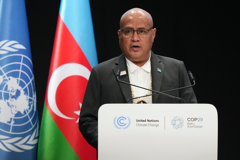FILE - Tuvalu Prime Minister Feleti Teo speaks during a plenary session at the COP29 U.N. Climate Summit, Wednesday, Nov. 13, 2024, in Baku, Azerbaijan. (AP Photo/Sergei Grits, File)