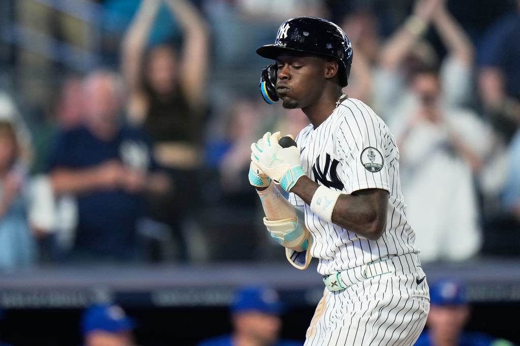 New York Yankees' Jazz Chisholm Jr. reacts after hitting a two-run home run during the seventh inning of a baseball game against the Toronto Blue Jays, Monday, May 18, 2026, in New York. (AP Photo/Seth Wenig)