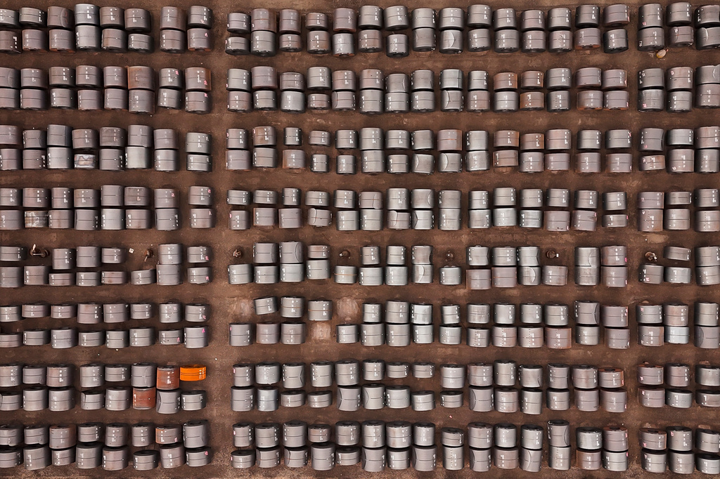Rolled coils of steel sit in the yard at the ArcelorMittal Dofasco steel plant in Hamilton, Ont. on Thursday, Aug. 20, 2026. (Nick Iwanyshyn /The Canadian Press via AP)