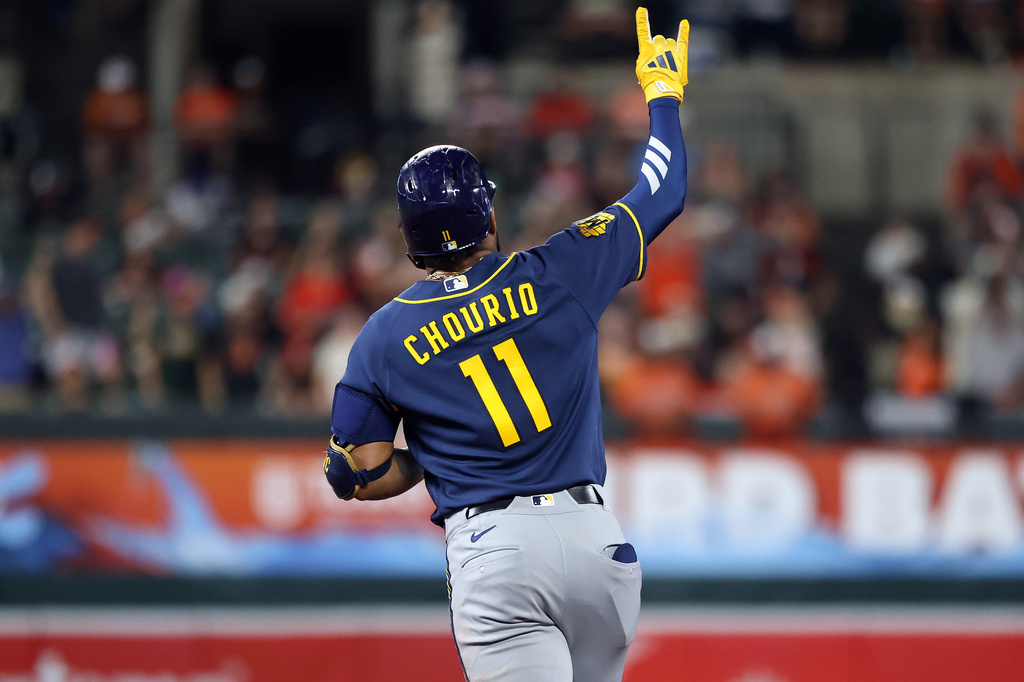 Milwaukee Brewers' Jackson Chourio celebrates after hitting a home run during the second inning of a baseball game against the Baltimore Orioles, Friday, Sept. 18, 2026, in Baltimore. (AP Photo/Daniel Kucin Jr.)