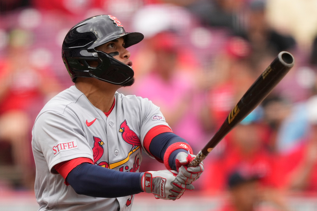 St. Louis Cardinals' Bryan Torres watches his two-run homer in the ninth inning of the first baseball game of a doubleheader against the Cincinnati Reds in Cincinnati, Saturday, May 23, 2026. (AP Photo/Carolyn Kaster)