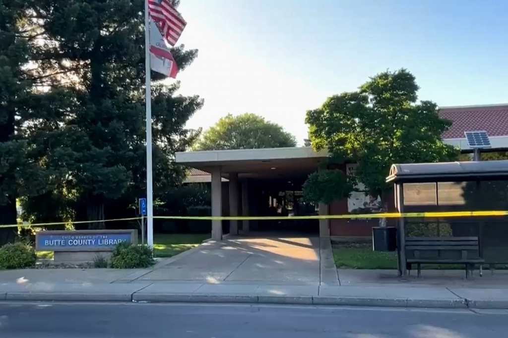 This image made from video provided by KRCR-TV shows Butte County Library, Chico branch, in Chico, Calif., Monday, June 22, 2026. (KRCR-TV via AP)