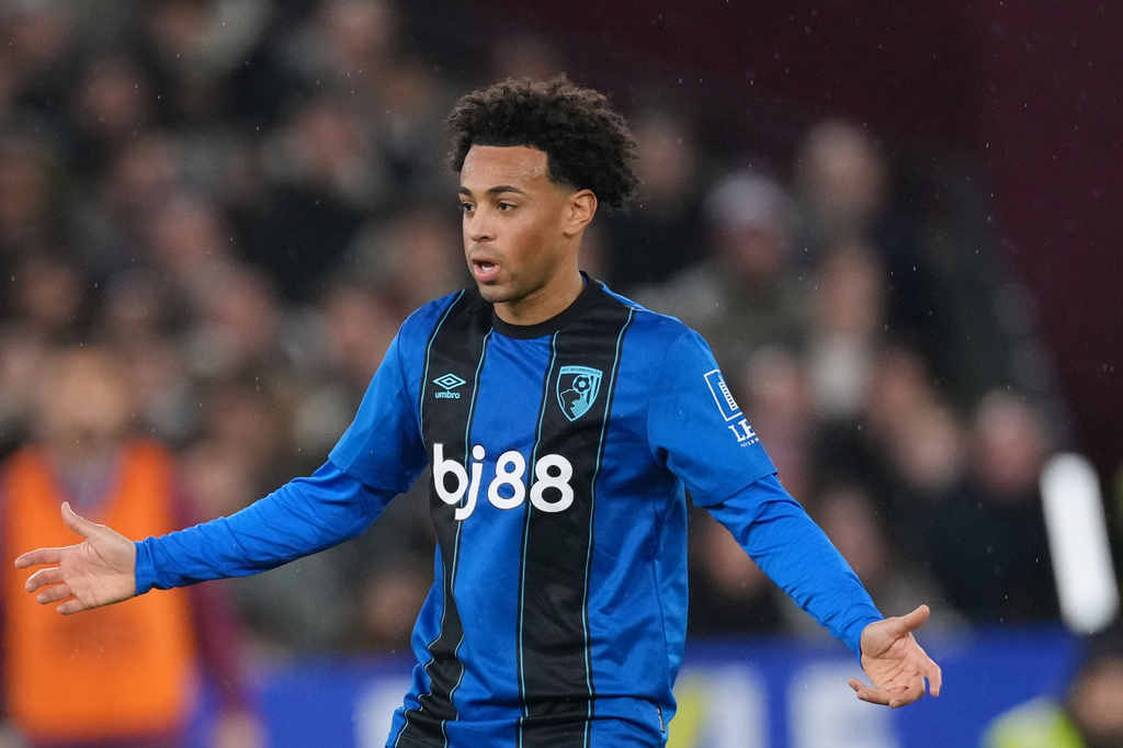 FILE - Bournemouth's Tyler Adams reacts during the English Premier League soccer match between West Ham United and Bournemouth, at the London Stadium in London, Saturday, Feb. 21, 2026. (AP Photo/Dave Shopland, File)