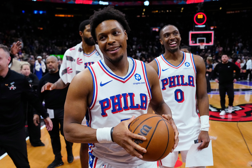 Philadelphia 76ers guard Kyle Lowry, front, looks on after an NBA basketball game against the Toronto Raptors in Toronto, Monday, Jan. 12, 2026. (Frank Gunn/The Canadian Press via AP)