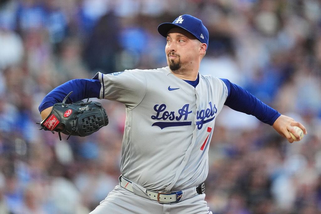 Los Angeles Dodgers starting pitcher Blake Snell works against the Colorado Rockies in the second inning of a baseball game Monday, Aug. 17, 2026, in Denver. (AP Photo/David Zalubowski)