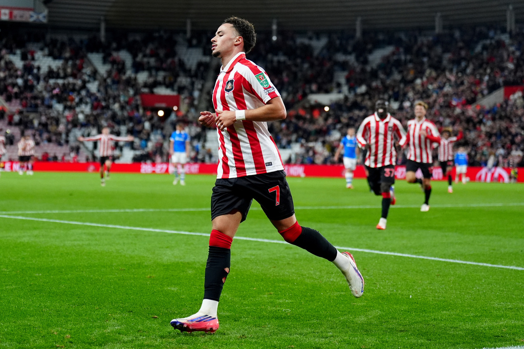 Sunderland's Chemsdine Talbi celebrates scoring during the English League Cup third round soccer match between Sunderland and Hull City, Sunderland, England, Tuesday Sept. 8, 2026. (Owen Humphreys/PA via AP)