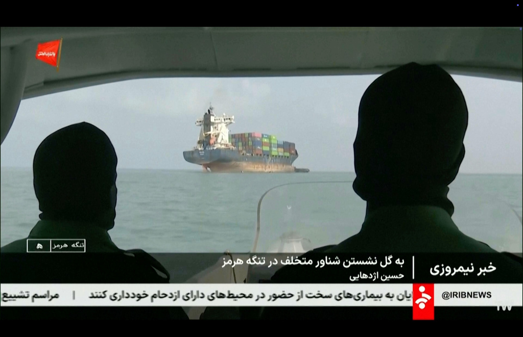 This frame grab of footage aired Wednesday, July 1, 2026, by Iranian state television shows a vessel that ran aground in the Strait of Hormuz. (Iranian state television via AP)