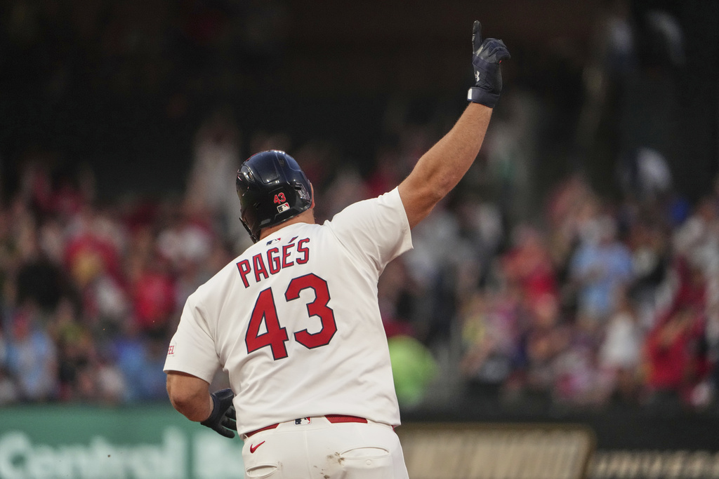 St. Louis Cardinals' Pedro Pages celebrates after hitting a two-run home run during the third inning of a baseball game against the Chicago Cubs Sunday, Aug. 10, 2025, in St. Louis. (AP Photo/Jeff Roberson)