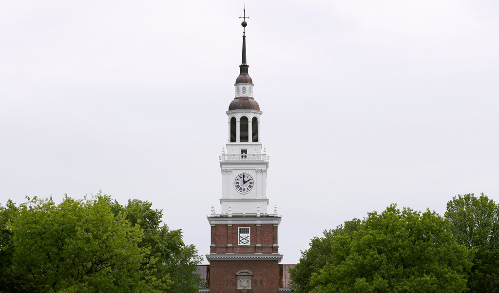 FILE - The spire of the Baker-Berry Library stands above The Green at Dartmouth College in Hanover, N.H., May 22, 2028. (AP Photo/Charles Krupa, File)