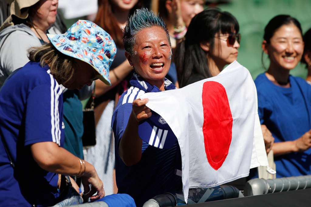 Japan fans react during the Women's Asia Cup soccer match between Japan and Taiwan in Perth, Wednesday, March 4, 2026. (AP Photo/Gary Day)