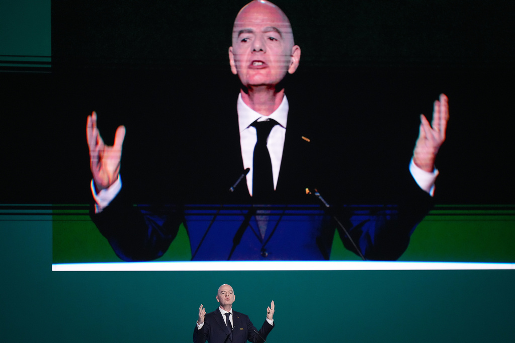 FIFA President Gianni Infantino addresses the 76th FIFA Congress in Vancouver, British Columbia, Thursday, April 30, 2026. (Darryl Dyck/The Canadian Press via AP)
