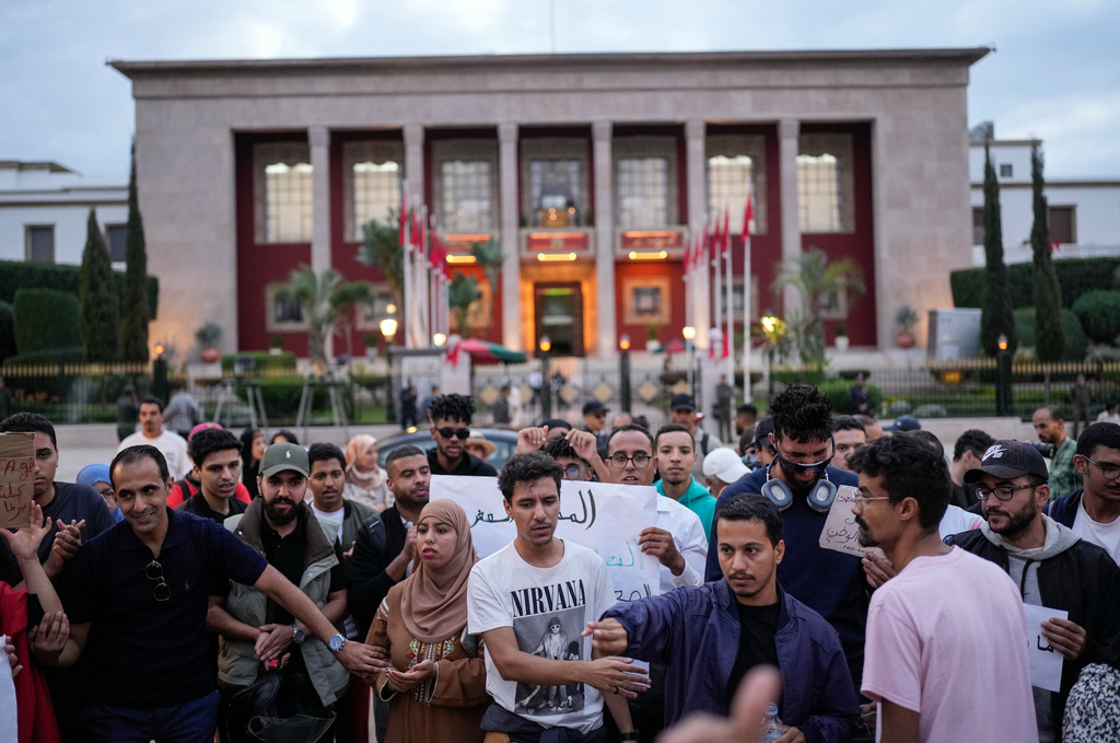 People take part in a youth-led protest against corruption and calling for education and healthcare reforms, in Rabat, Morocco, Thursday, Oct. 9, 2025. (AP Photo/Mosa'ab Elshamy)