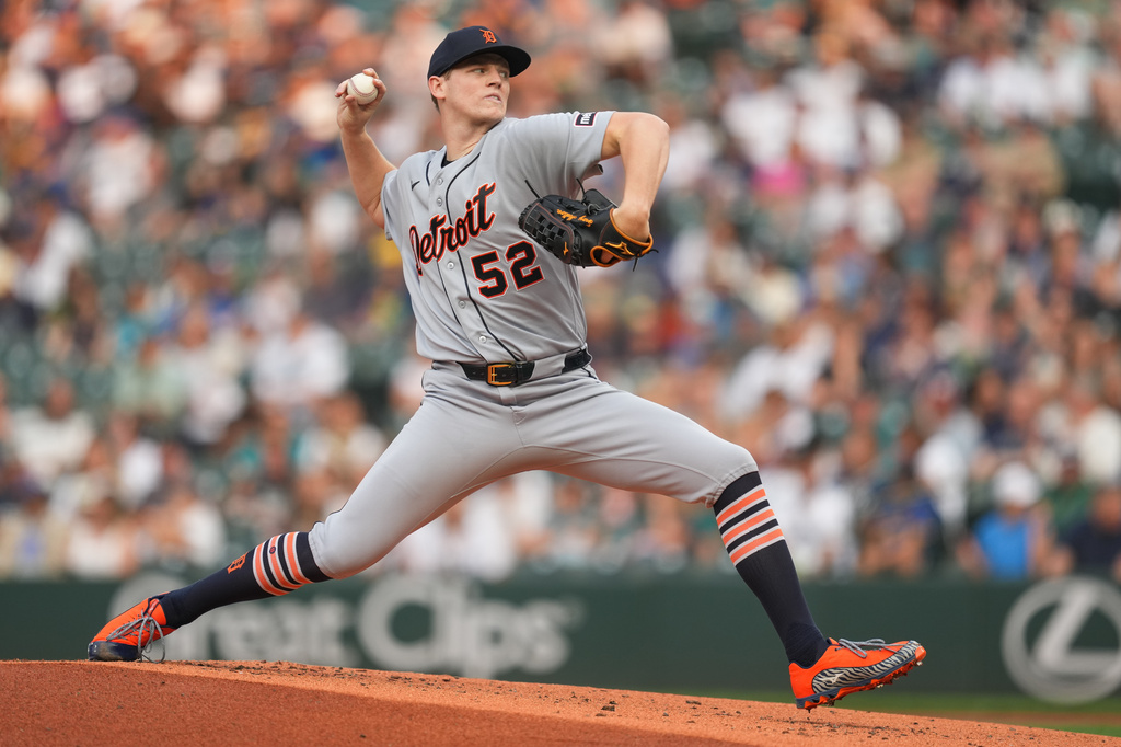 Detroit Tigers starting pitcher Troy Melton (52) throws against the Seattle Mariners during first inning of a baseball game, Tuesday, Aug. 4, 2026, in Seattle. (AP Photo/Eric Hiller)