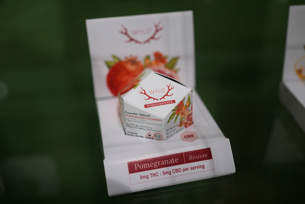 A package of fruit-flavored cannabis gummies is displayed at a dispensary Friday, Nov. 14, 2025, in Brookline, Mass. (AP Photo/Robert F. Bukaty)