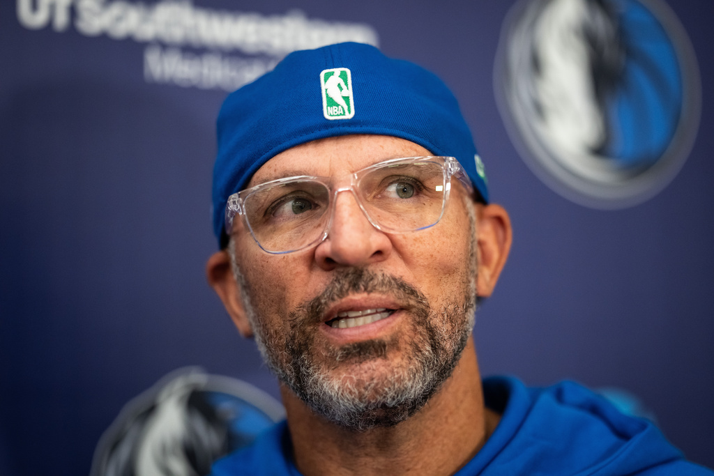 Dallas Mavericks head coach Jason Kidd speaks to reporters at NBA basketball training camp at Simon Fraser University in Burnaby, British Columbia, Tuesday, Sept. 30, 2025. (Ethan Cairns/The Canadian Press via AP)