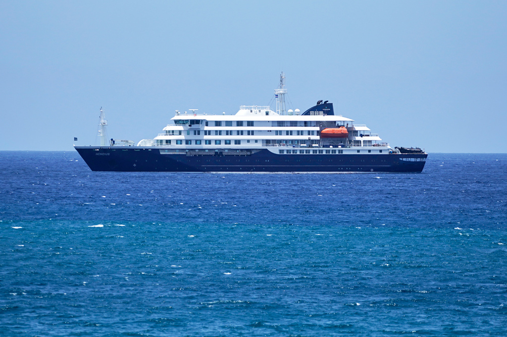 FILE - The MV Hondius cruise ship is anchored at a port in Praia, Cape Verde, May 4, 2026. (AP Photo/Arilson Almeida, File)