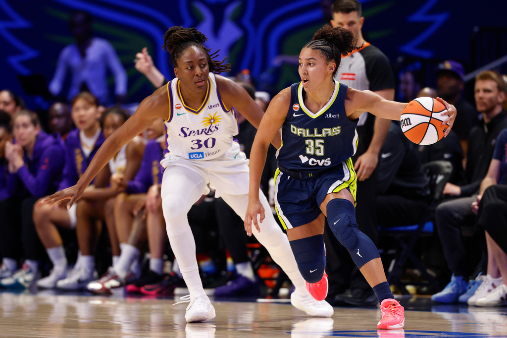 Dallas Wings guard Azzi Fudd (35) dribbles against Los Angeles Sparks forward Nneka Ogwumike (30) during the first half of a WNBA basketball game, Sunday, July 19, 2026, in Arlington, Texas. (Elías Valverde II/The Dallas Morning News via AP)