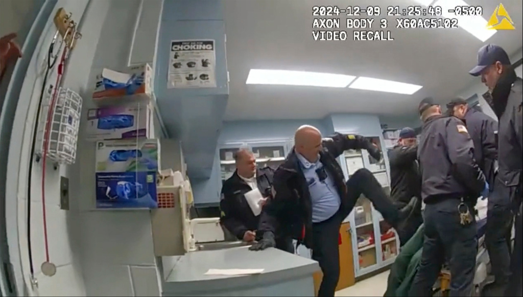 FILE - This image provided by the New York State Attorney General office shows body camera footage of correction officers beating a handcuffed man, Robert Brooks, at the Marcy Correctional Facility in Oneida County, N.Y., Dec. 9, 2024. (New York State Attorney General office via AP, File)