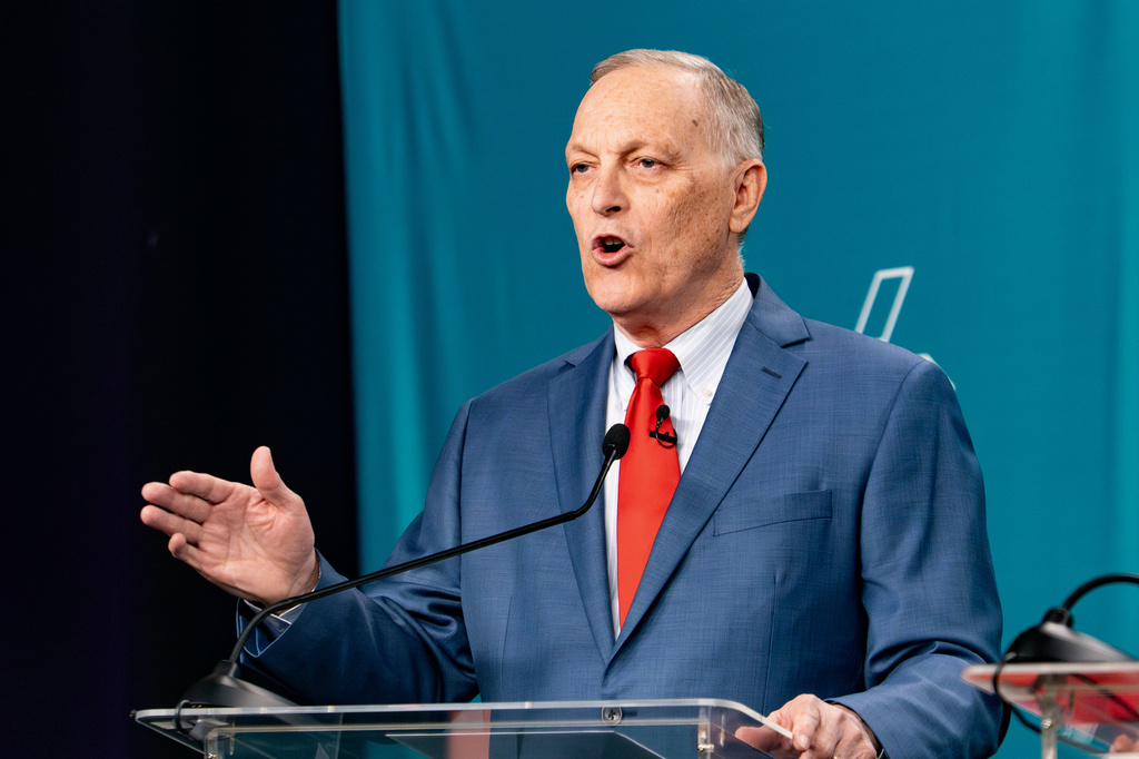 Rep. Andy Biggs, R-Ariz., debates with his Republican opponents in the 2026 AZ Clean Elections governor primary debate, Wednesday, June 17, 2026, in Scottsdale, Ariz. (Diannie Chavez/The Arizona Republic via AP, Pool)