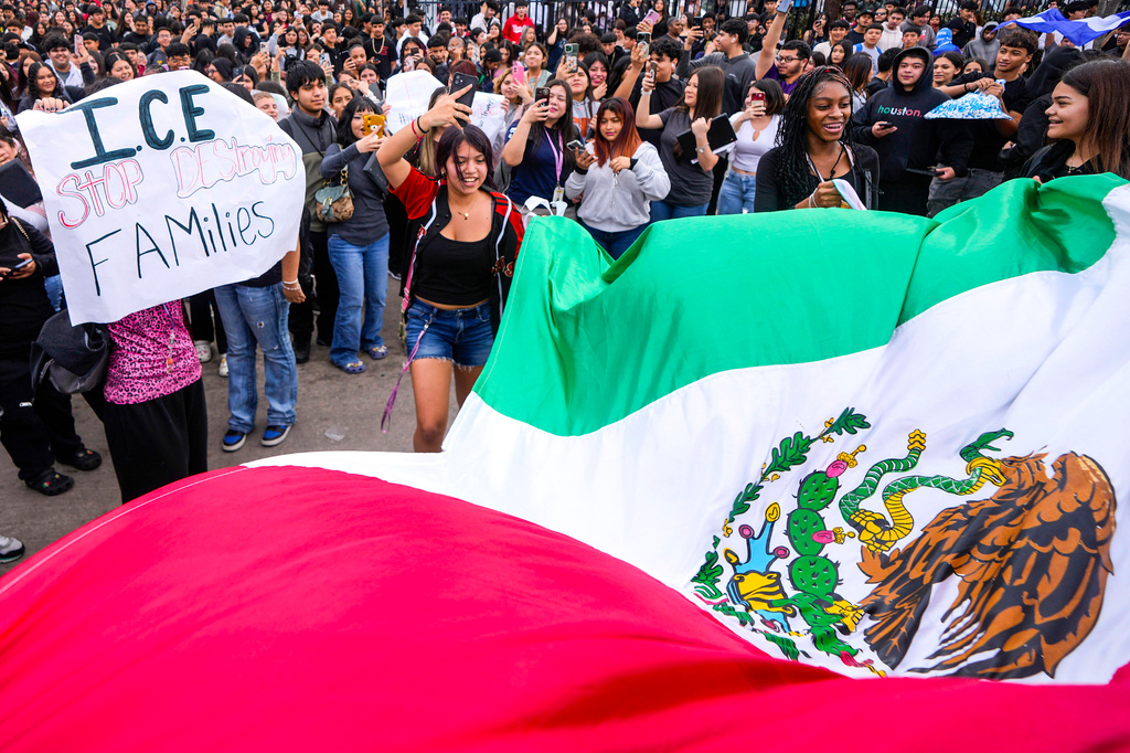 FILE - Students stage a walkout in protest against U.S. Immigration and Customs Enforcement (ICE) in schools and mass deportations, Feb. 6, 2025, at Sam Houston Math, Science, and Technology Center High School in Houston. (Brett Coomer/Houston Chronicle via AP, File)