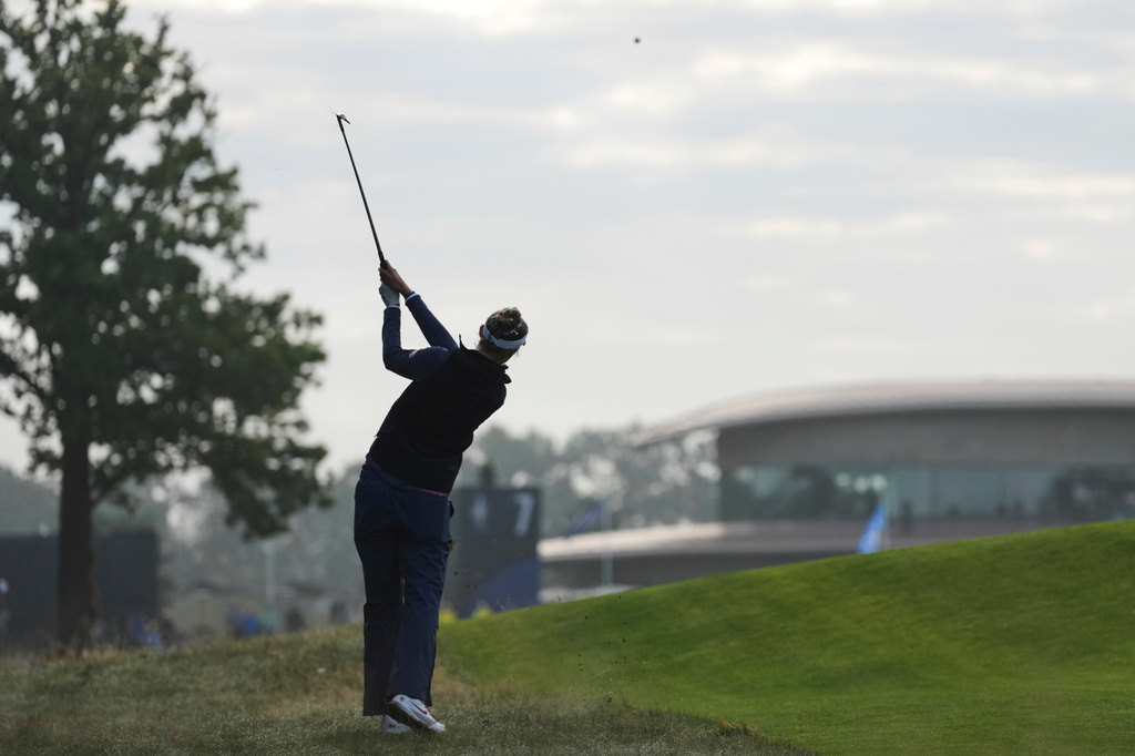 Nelly Korda of the United States watches her shot to the seventh green during the Solheim Cup at the Bernardus Golf course in Den Bosch, Netherlands, Saturday, Sept. 12, 2026. (AP Photo/Alastair Grant)