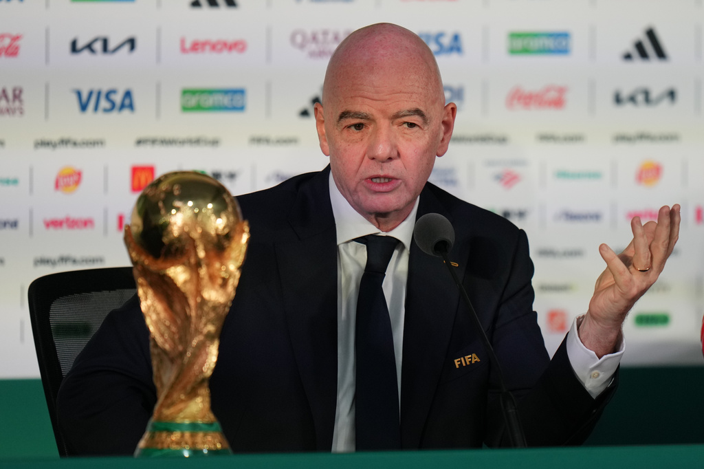FIFA President Gianni Infantino speaks during a news conference at the stadium in Mexico City, Wednesday, June 10, 2026, a day before the opening FIFA World Cup match between Mexico and South Africa. (AP Photo/Eduardo Verdugo)