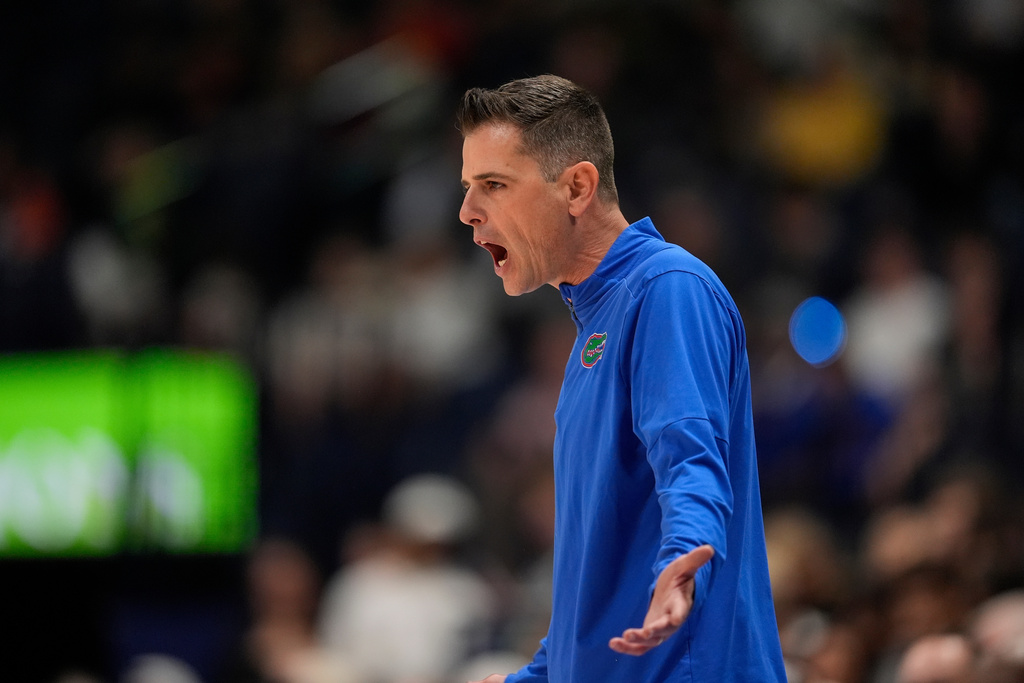 Florida head coach Todd Golden reacts to a play during the first half of an NCAA college basketball game against Vanderbilt in the semifinals of the Southeastern Conference tournament Saturday, March 14, 2026, in Nashville, Tenn. (AP Photo/George Walker IV)