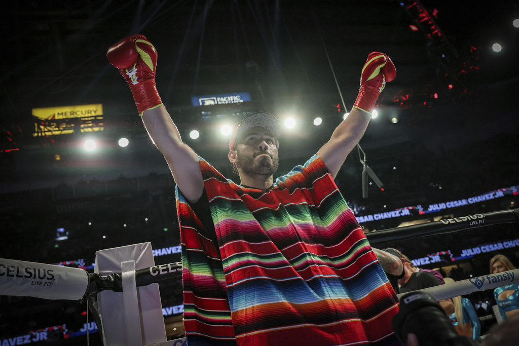 FILE - Julio Cesar Chavez Jr. arrives for his cruiserweight boxing match against Jake Paul, in Anaheim, Calif., June 28, 2025. (AP Photo/Etienne Laurent, File)