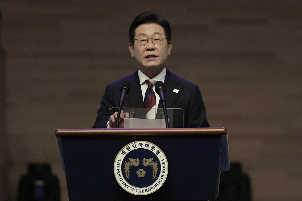 South Korean President Lee Jae Myung speaks during a ceremony to celebrate the 80th anniversary of Korea's liberation from Japanese colonial rule in Seoul, South Korea, Friday, Aug. 15, 2025. (AP Photo/Ahn Young-joon, Pool)