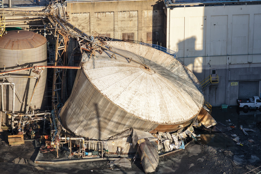 Damage is seen at Nippon Dynawave Packaging Co., after a tank containing hazardous liquid imploded, on Tuesday, May 26, 2026, in Longview, Wash. (Karen Ducey/The Seattle Times via AP)