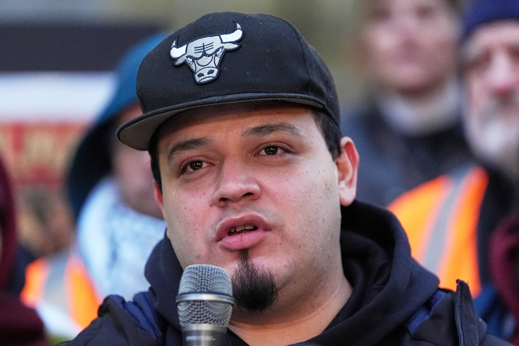 FILE - Kilmar Abrego Garcia speaks during a rally ahead of a mandatory check at the Immigration and Customs Enforcement office in Baltimore, Dec. 12, 2025, after he was released from detention on Thursday under a judge's order. (AP Photo/Stephanie Scarbrough, File)