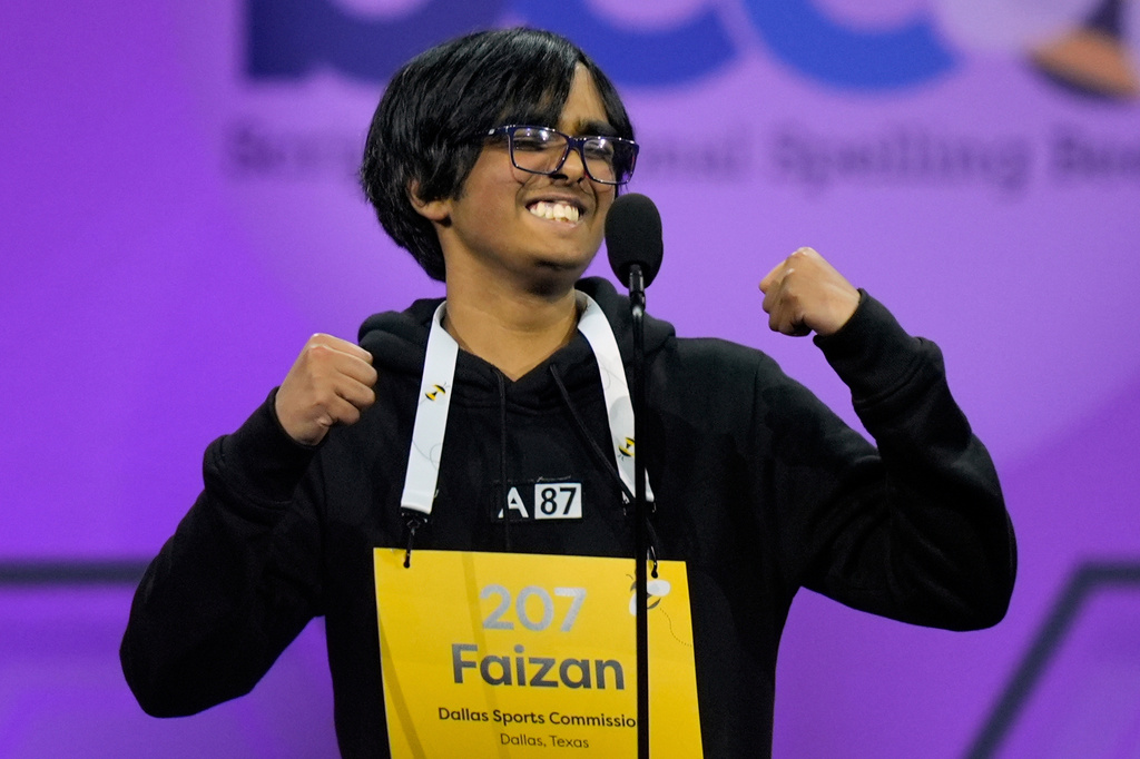 FILE - Faizan Zaki, 13, of Dallas, reacts as he wins the 2025 Scripps National Spelling Bee, Thursday, May 29, 2025, in Oxon Hill, Md. (AP Photo/Julia Demaree Nikhinson, File)