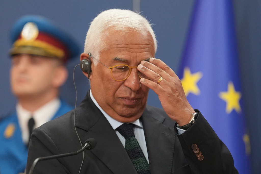 European Council President Antonio Costa listens to Serbian President Aleksandar Vucic during a news conference at the Serbia Palace in Belgrade, Serbia, Thursday, June 4, 2026. (AP Photo/Darko Vojinovic)
