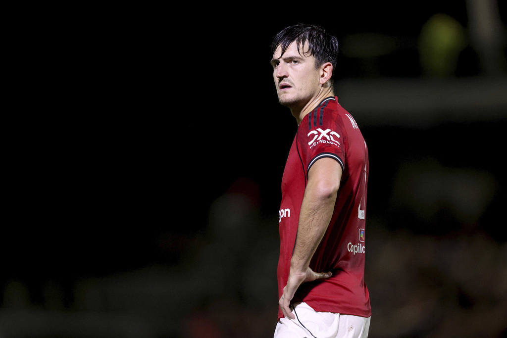 Manchester United's Harry Maguire reacts during an English League Cup second round soccer match against Grimsby Town, Wednesday, Aug. 27, 2025, at Hill Blundell Park in Grimsby, England. (Nigel French/PA via AP)