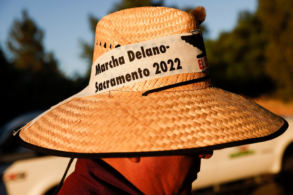 FILE - United Farm Workers member Antonio Cortez wears a hat to commemorate the group's march while they gather at Dr. Paul Barnes Community Park in Walnut Grove, Calif. before marching to Elk Grove, Calif. Wednesday, Aug. 24, 2022 .(Jessica Christian /San Francisco Chronicle via AP)