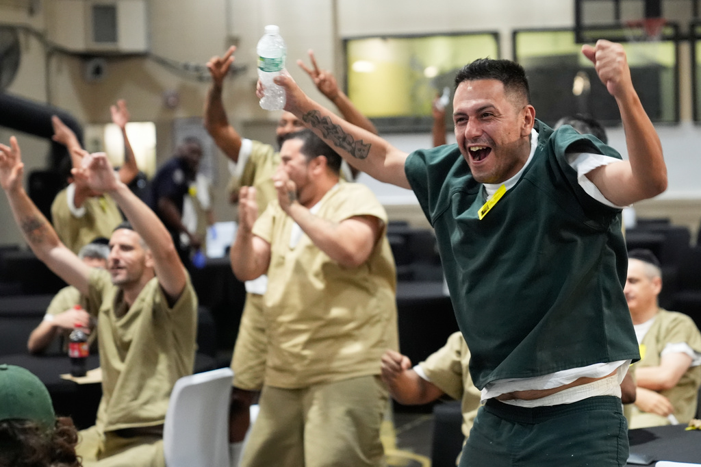 Rikers Island inmate Victor Caldas, an Argentina fan, reacts during the World Cup semifinal soccer match between England and Argentina, at the jail complex in New York, Wednesday, July 15, 2026. (AP Photo/Seth Wenig)