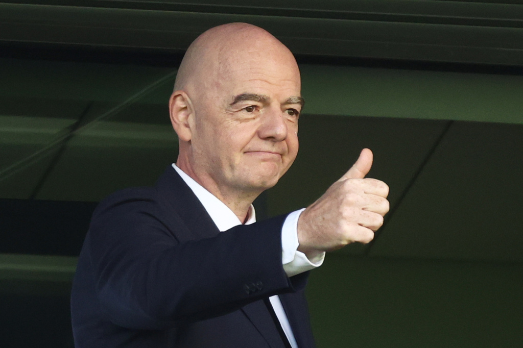FIFA President Gianni Infantino arrives to attend the opening game of the Women's U20 World Cup opening match between Poland and Argentina in Katowice, Poland, Saturday, Sept. 5, 2026. (AP Photo/Beata Zawrzel)