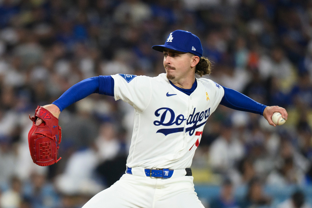 Los Angeles Dodgers pitcher Justin Wrobleski (70) delivers during the first inning of a baseball game against the Washington Nationals in Los Angeles, Sunday, Sept. 6, 2026. (AP Photo/Kyusung Gong)