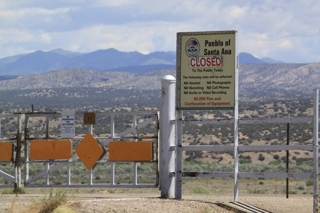 A gate blocks access to tribal land in Santa Ana Pueblo, N.M., on Tuesday, June 3, 2025. (AP Photo/Susan Montoya Bryan)